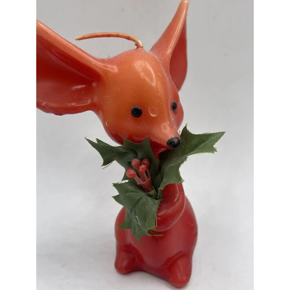 Vintage Red Mouse w/ Big Ears Holding Holly Figure Candle  5.5” Tall -
